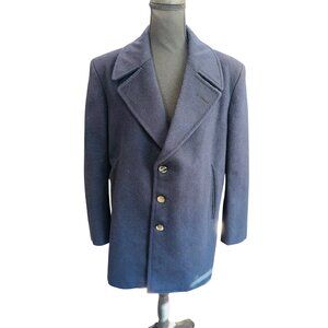 Vintage Mens Navy Virgin Wool Peacoat Overcoat Notch Lapel 3 Button Academic
